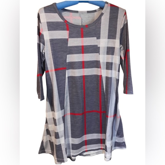 Abstract Lined Red,White & Gray 3/4 Sleeve Tunic Dress. Sz XL.